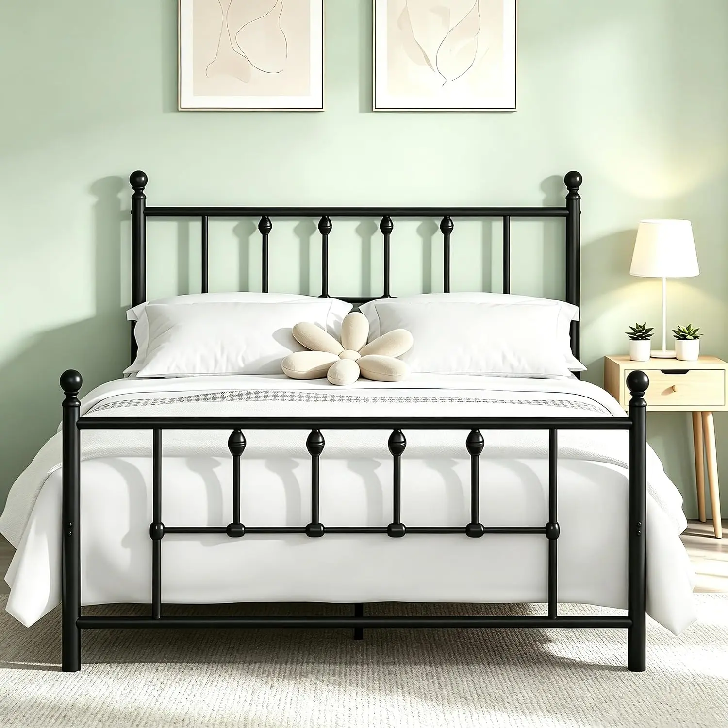 14 Inch Queen Size Victorian Vintage Metal Platform Bed Frame with Headboard and Footboard, Underbed Storage, No Box Spring