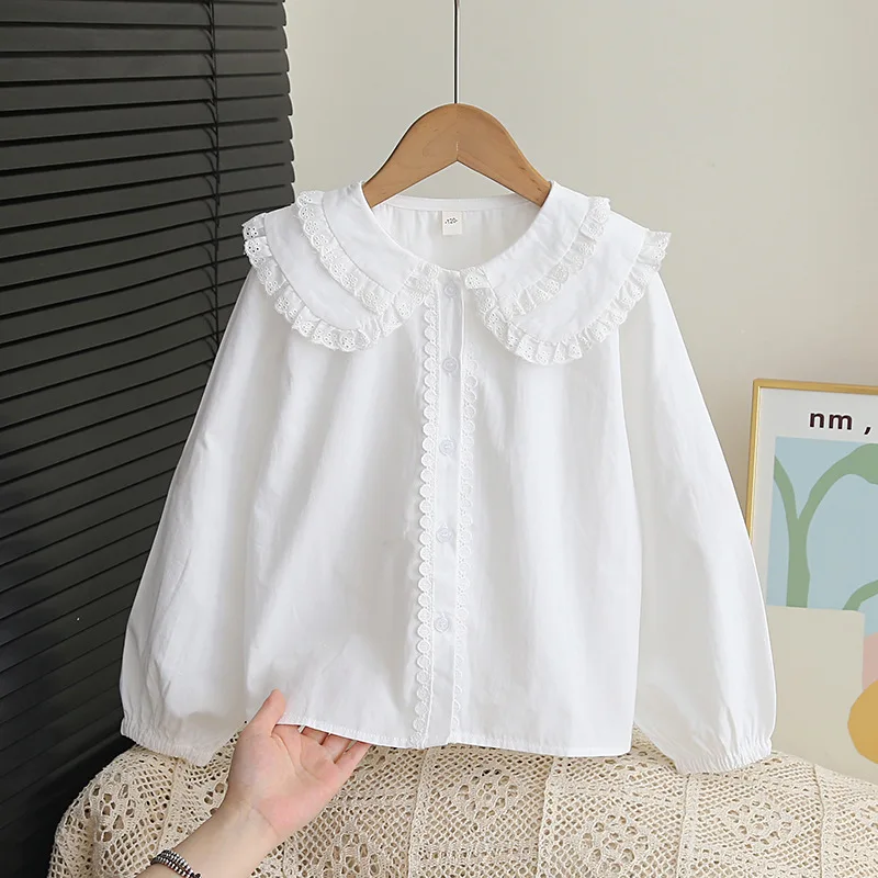 Autumn Shirt Double-layer Large Lapel Girl Shirt Front-button Lace-trim White Kid Drawstring Shirt Spring Autumn Solid Color Top