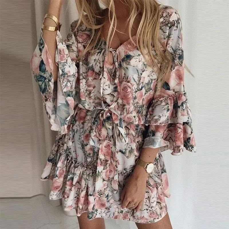 

Women Boho Dresses Summer 2022 Sexy V Neck Floral Print Boho Beach Dress Ruffle Long Sleeve A Line Mini Dress Wrap Sundress Robe