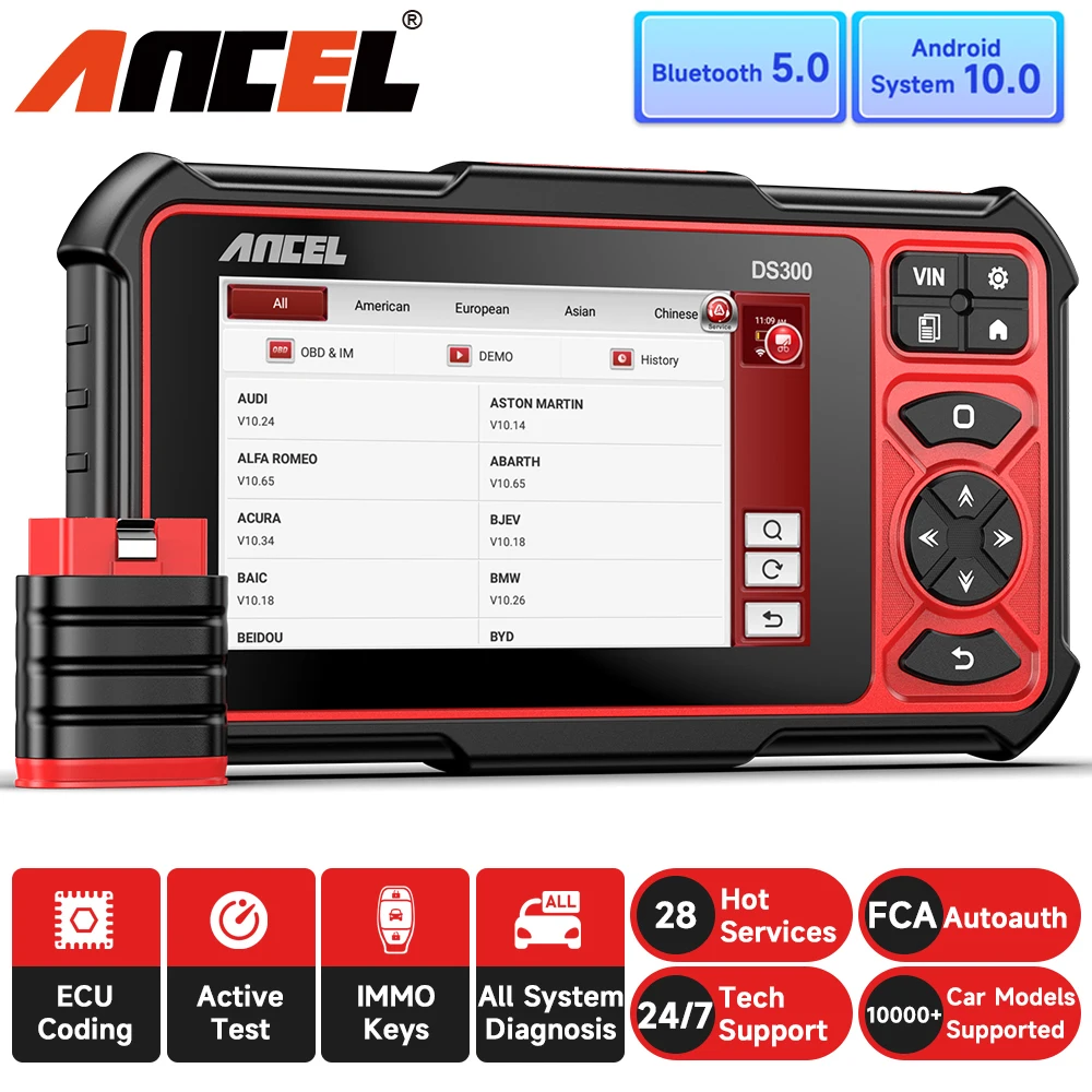 ANCEL DS300 Bluetooth OBD2 Car Diagnostic Tool Bi-directional ECU Coding IMMO A/F Adjust 28 Reset All System Automotive Scanner