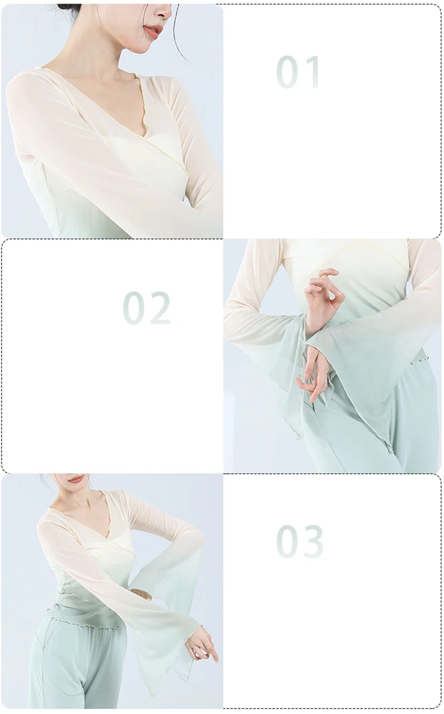 Klassischer Tanz, Mesh-Top, ausgestellte Ärmel, Farbverlaufsrampe, V-Ausschnitt, elegante Damen, moderner Tanz, durchsichtig, Eiskunstlauf-Ballett-Shirts – Detail 4