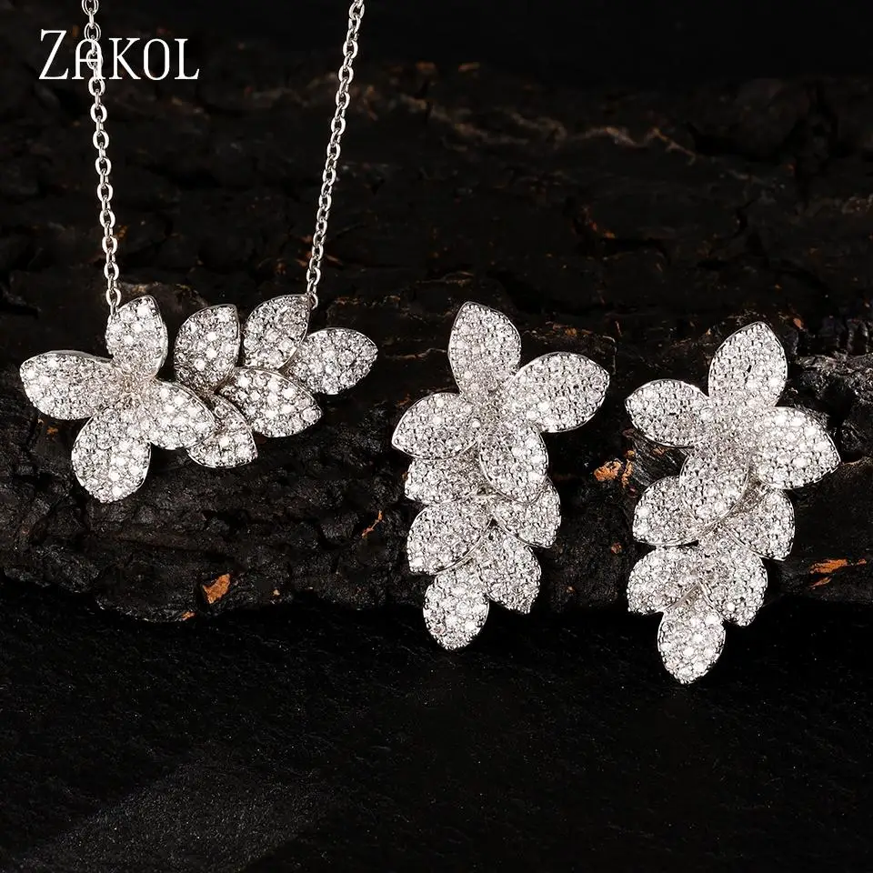 ZAKOL Leaf Flower Design Micro-Inset Zircon Earrings Pendant Two-Piece Set For Women Exquisite Fashion Charm Party Jewelry Sets