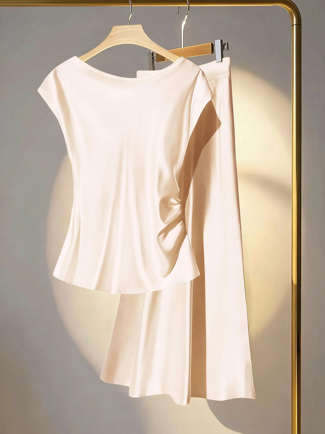 Damen Zweiteiler Chiffon-Rock-Set, Sommer Elegantes Rüschen-Oberteil Ärmellos Figurbetont Top und Rock Set, Modische Damenmode – Detail 2