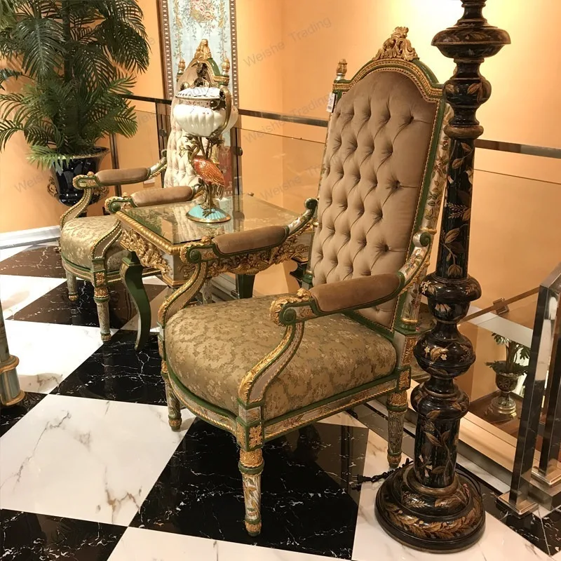 French Solid Wood Leisure Chair Grass Green Gold Leaf Carved Book Desk Chair
