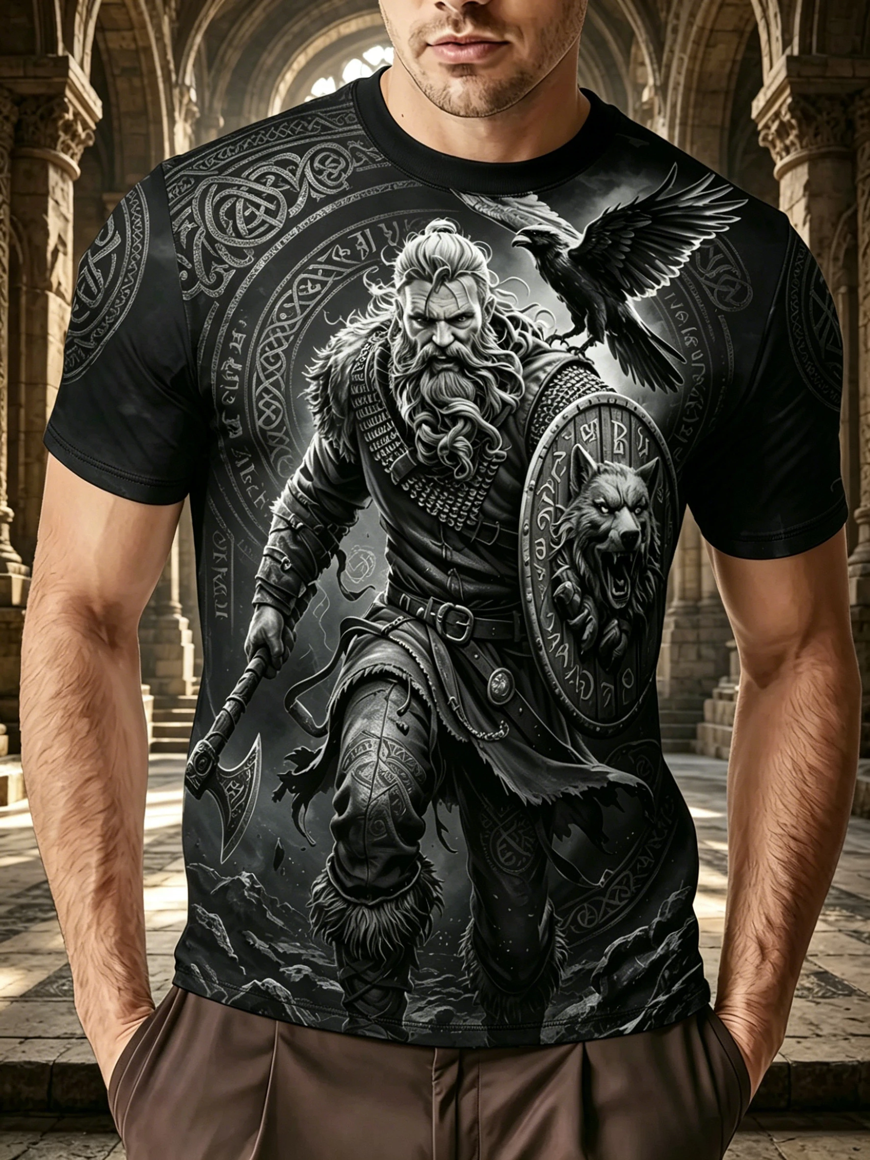 Men's Viking Warrior Graphic T-Shirt, Norse Raven Wolf Axe Rune Pattern Print Crew Neck Short Sleeve Casual Tee