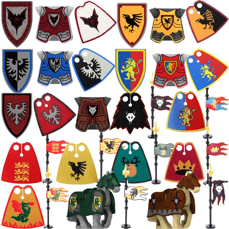 Medieval Military Series Building Blocks Castle Knights Accessories Flag Cloak Shoulder Armor Armour War Horse Weapon Bricks Toy