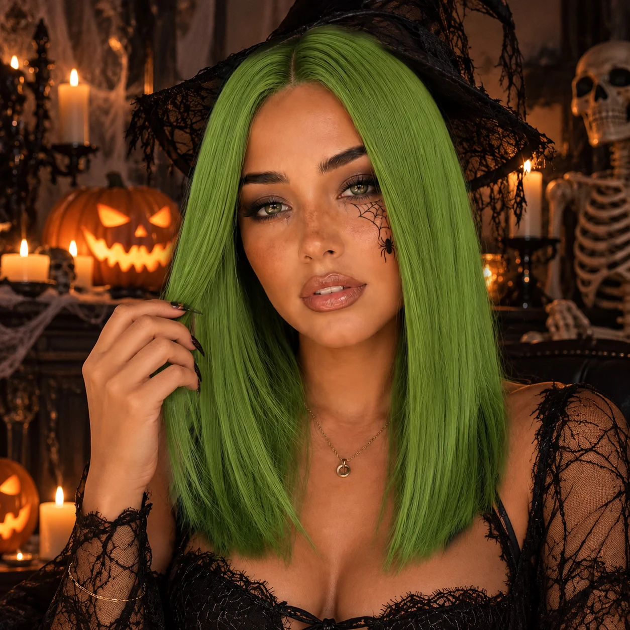 Hollaween Wigs 16inch Green Wigs - Straight & Bob Styles, 180% Density, Glueless & Synthetic Hair Wigs Middle Part Shoulder Length, Perfect for Halloween or Daily Use