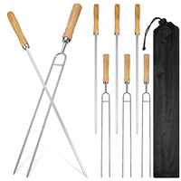 8 Pcs Skewer Stainless Steel Stainless Steel Bbq Skewer Barbecue Forks Roasting Kabob Grilling Tools Wooden Handle Meat Cooking