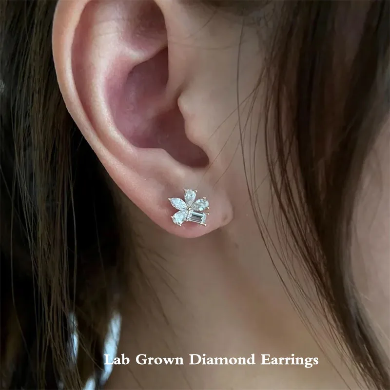 14K 10K Gold Daisy Flower Stud Earrings 1Ctw Pear Marquise Emerald Cut DEF-VS Lab Grown Diamond Earrings Blossom Floral Stud