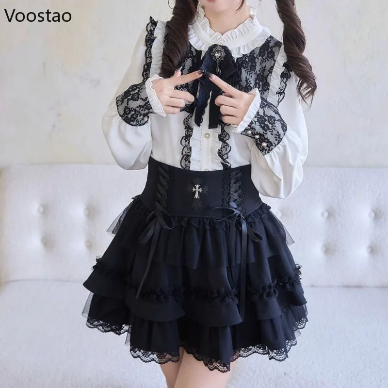 Japanese Dark Gothic Lolita Style Skirt Sets Women Harajuku Y2k Lace Bow Shirt Stripe Mini Cake Skirt Female Sweet Slim Outfits