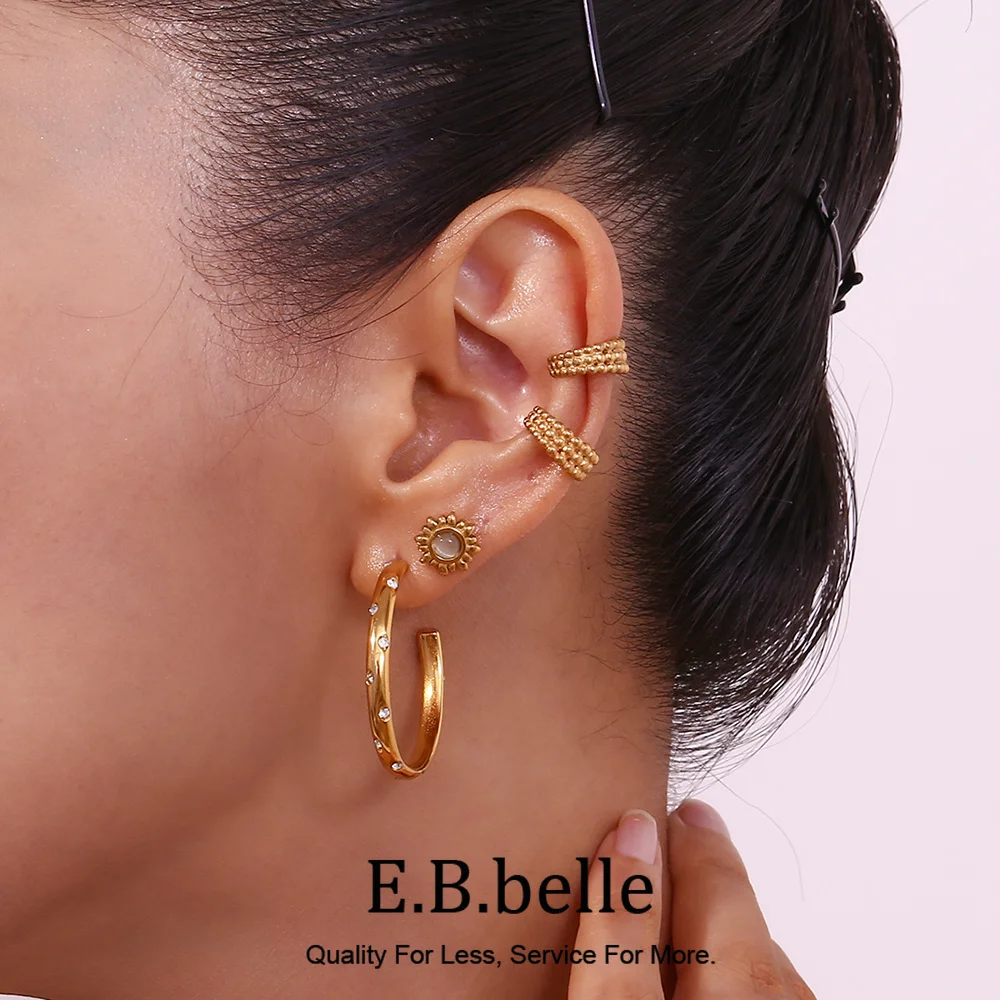 E.B.belle Double Layered Three Row Bead C-shaped Pearl Wave Checkered Snake Tangent Plane Stainless Steel Gold Color Ear Clip