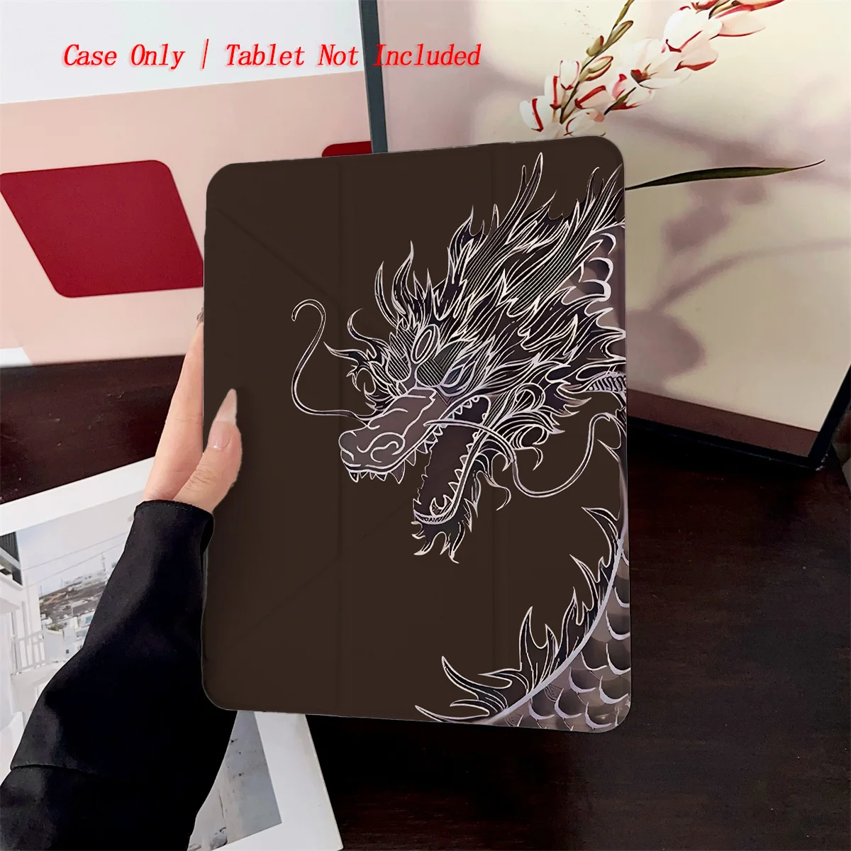 Edgy Y-Fold Acrylic Pure Black Base & Black White Dragon Pattern iPad Cover For Apple iPad 10.2/10.9 Inch Shockproof Case