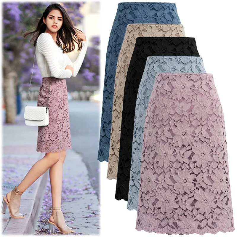 

Lace Midi Skirts For Women Summer Elegant Hollow Hook Flower Bag Hip Skirt For Women Skirts High Waist Slim Fit Short Skirt