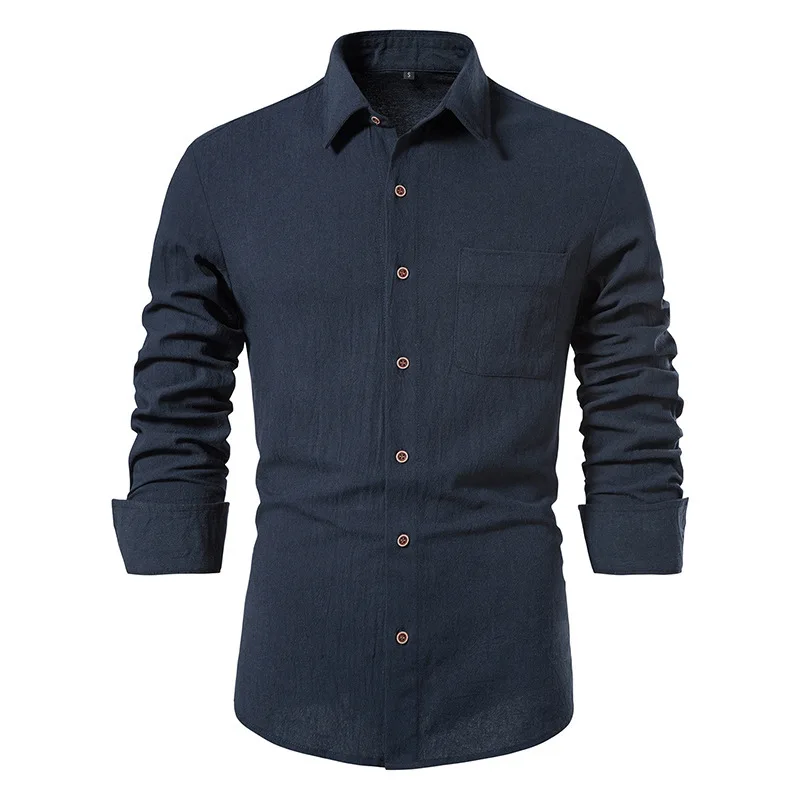 

Mens Solid Color Long Sleeve Shirt Cotton and Linen Button Lapel Shirt