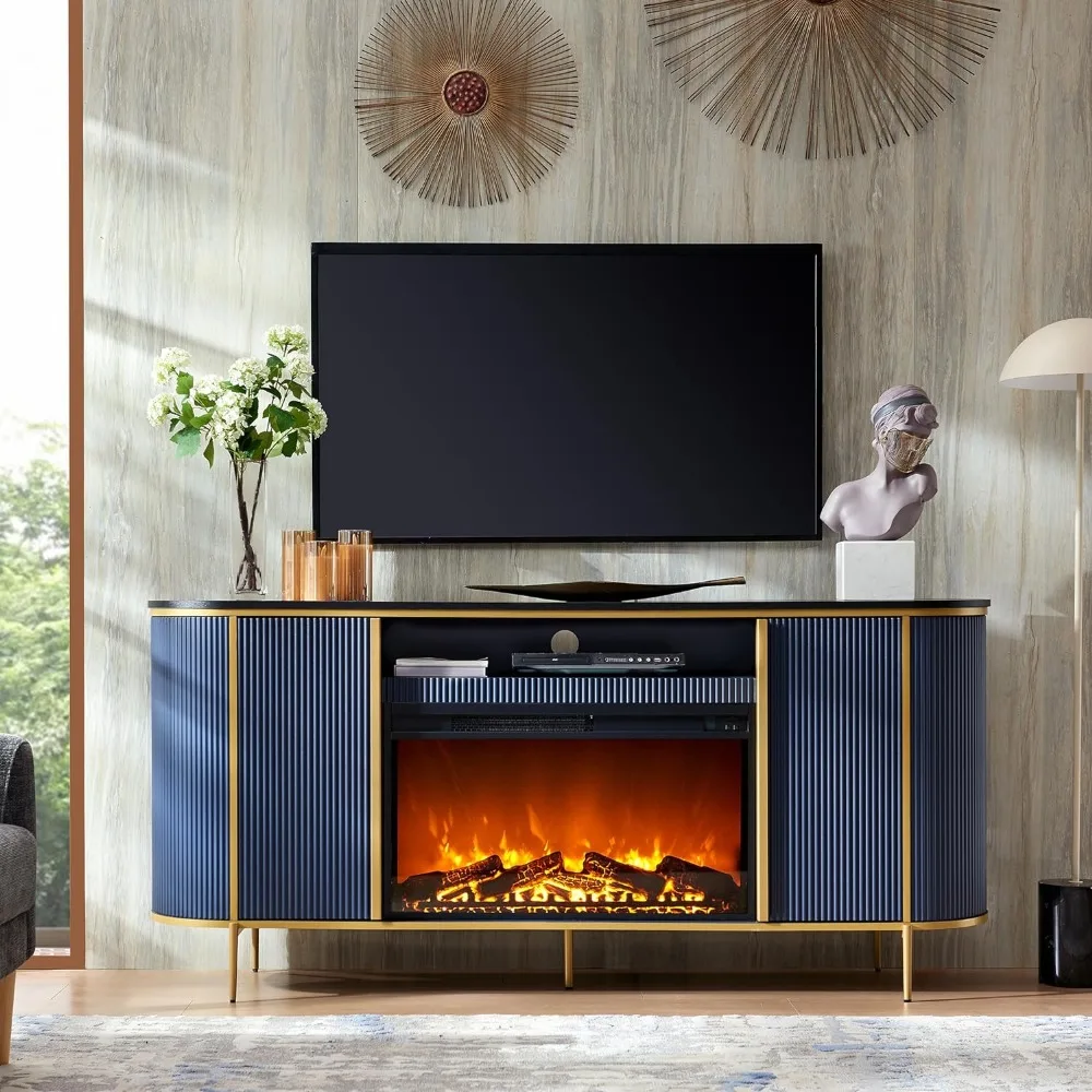 Modern Chic Entertainment Center for TVs Up to 80 inches, TV Console with Faux Marble Top, Curved Profile Design