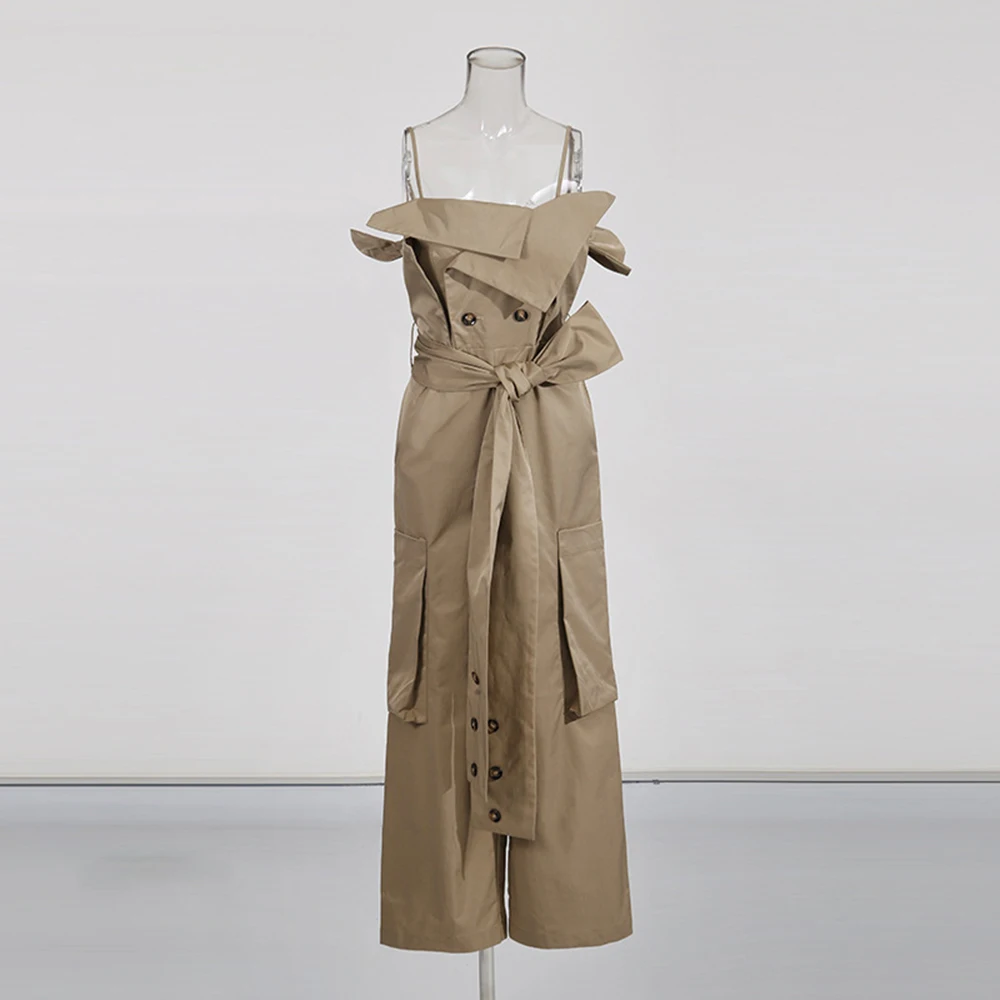 الكاكي حزام الخصر الخصر Cinching ملابس العمل جيب أكمام الحمالة بذلة 2025 شتاء جديد الملابس النسائية
