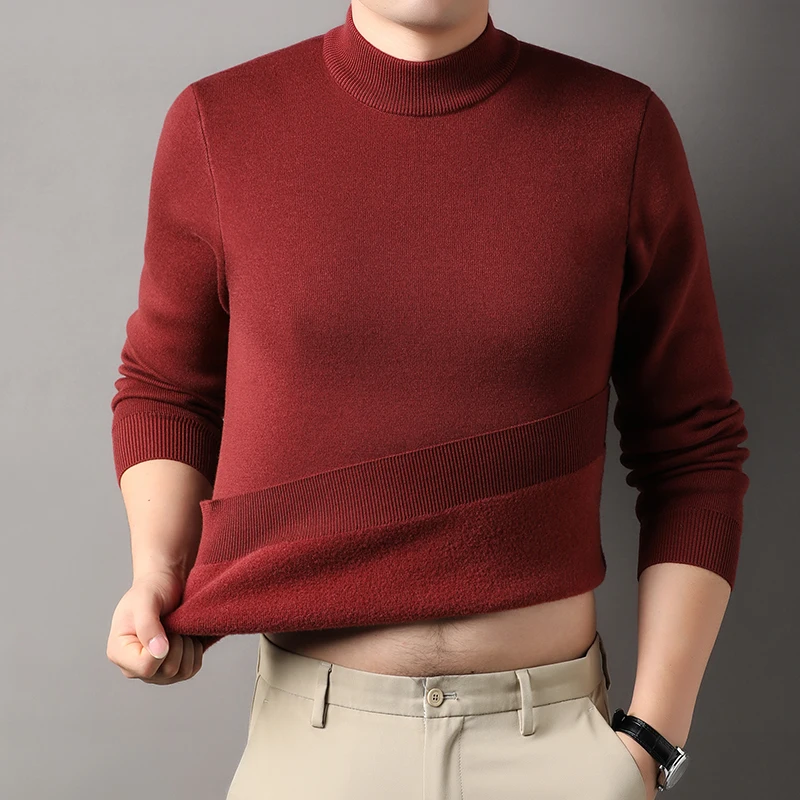 

Luxury double-sided contrasting color men's wool sweater semi-turtleneck anti-pilling mulberry silk machine washable sweater