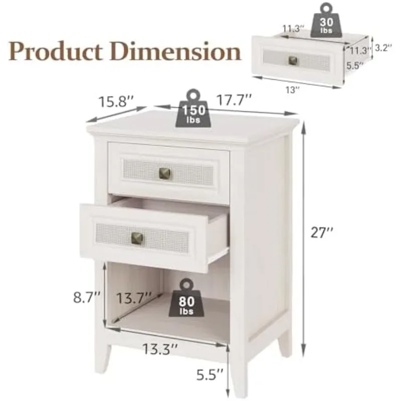 Rattan Nightstand Set of 2 for Bedroom, Boho Bedside Table with 2 Drawers, Accent End Table with Open Storage Shelf