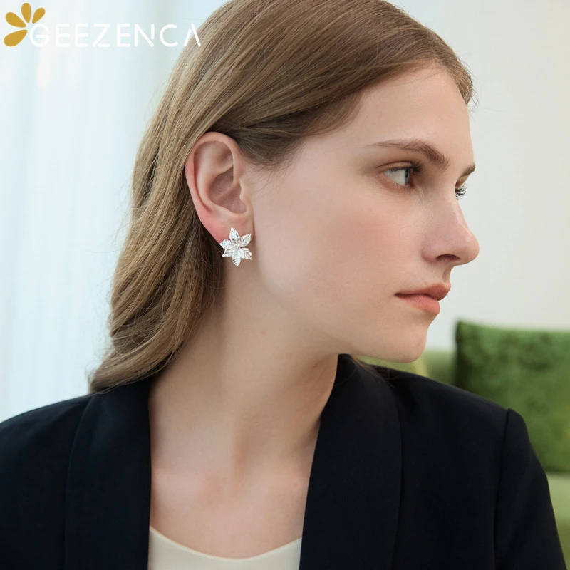 GEEZENCA 925 Sterling Silver Artistic Poinsettia Flower Earrings For Women Unique Designer Chic Stud Earring 2024 New Party Gift