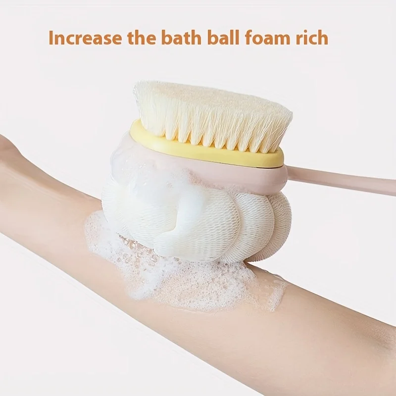 Dual-sided bath brush with long curved handle. 2-in-1 velvet and sponge design, easy for back washing, gentle exfoliating
