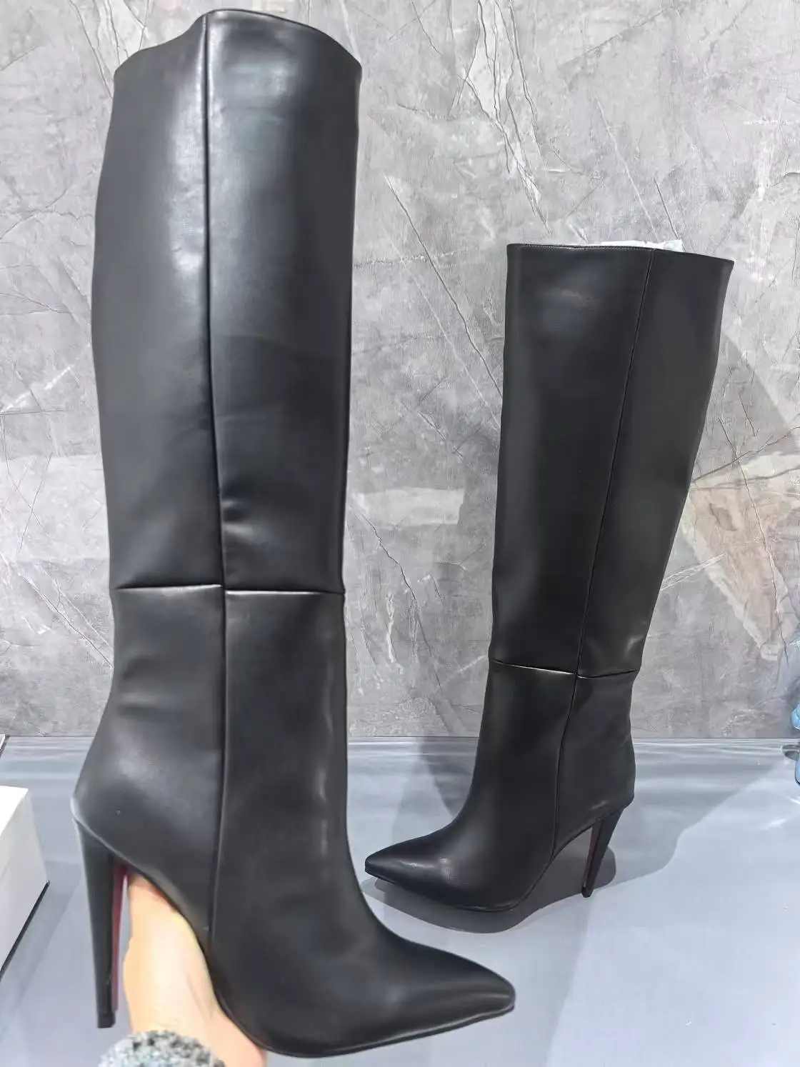 

Black Leather Red Sole High-Top Boots For Women Pointed Toe Slip On Knee-High Boats Female 36-43 Size 10cm Spike Heels Mature