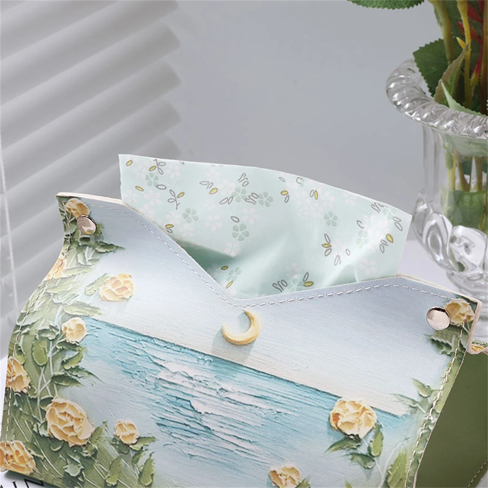 Oil Painting Tissue Storage Box PU Leather Napkin Holder Home Living Toilet Paper Case Creative Kitchen Tissue Organizer Boxes