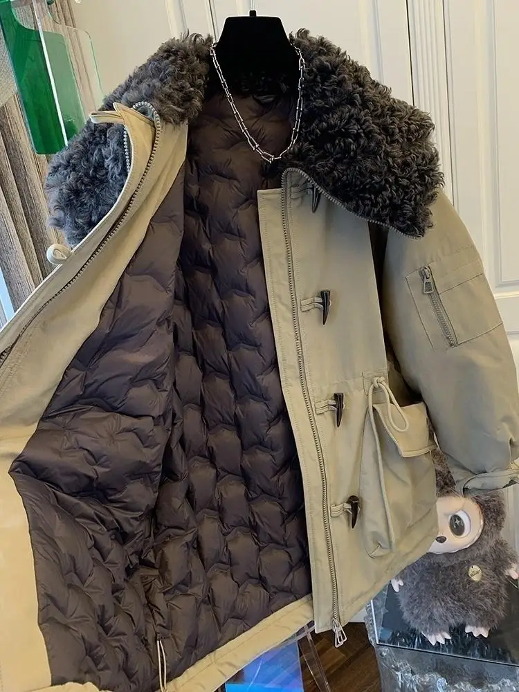 SuperAen Płaszcz z bawełny w stylu koreańskim z guzikami w kształcie rogu, z kołnierzem, gruby, zimowy, nowy model 2026, khaki, oversize, luźna parka