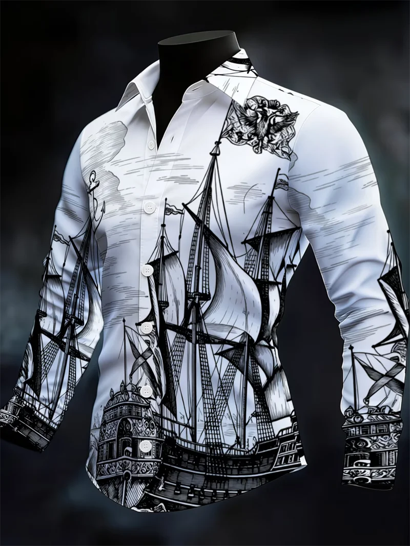 

New men's 3D floral printed striped long sleeved shirt with sail pattern, high-quality casual long sleeved top