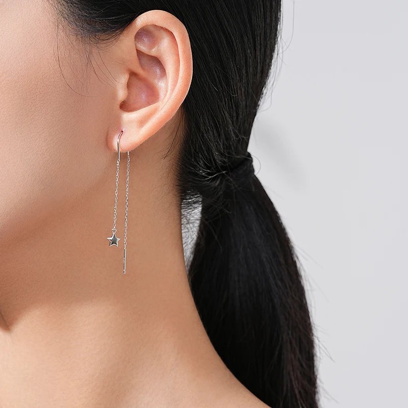 Ailmay Real 925 Sterling Silver Minimalist Charm Star Long Tassel Chain Drop Earrings For Women Girls Christmas Jewelry Gifts 2