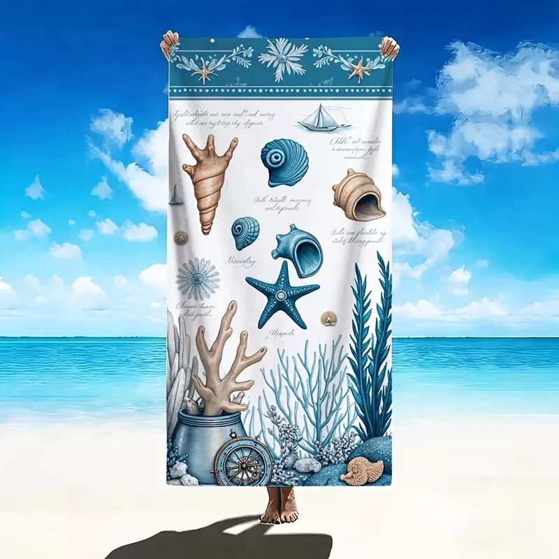 Nautical Seashell Starfish Coral Print Beach Towel Ocean Botanical Pattern Towel Quick Dry Absorbent Sand Free for Summer