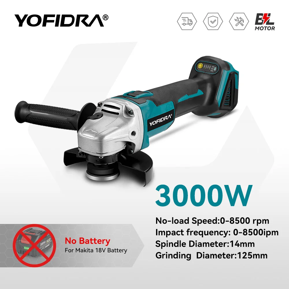 YOFIDRA 5 Set Brushless Angle Grinder Cordless Cutting Polishing Machine Power Tool Without Battery For Makita 18V Battery