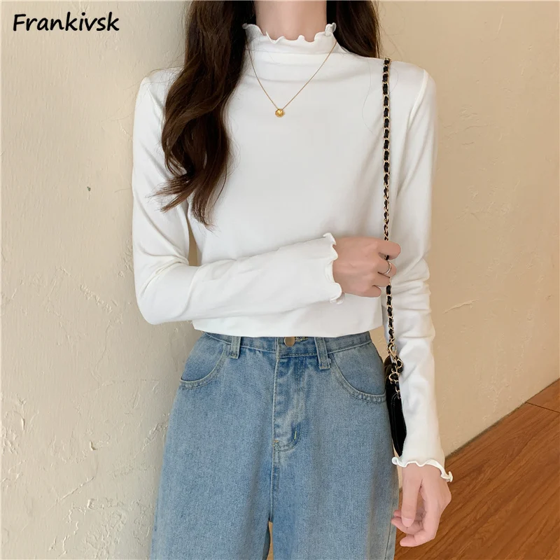 Full Sleeve Tees Women Japanese Style Spring Pure Color Fashion Leisure Office Lady Stand Elegant Sweet Basics All-match 2023