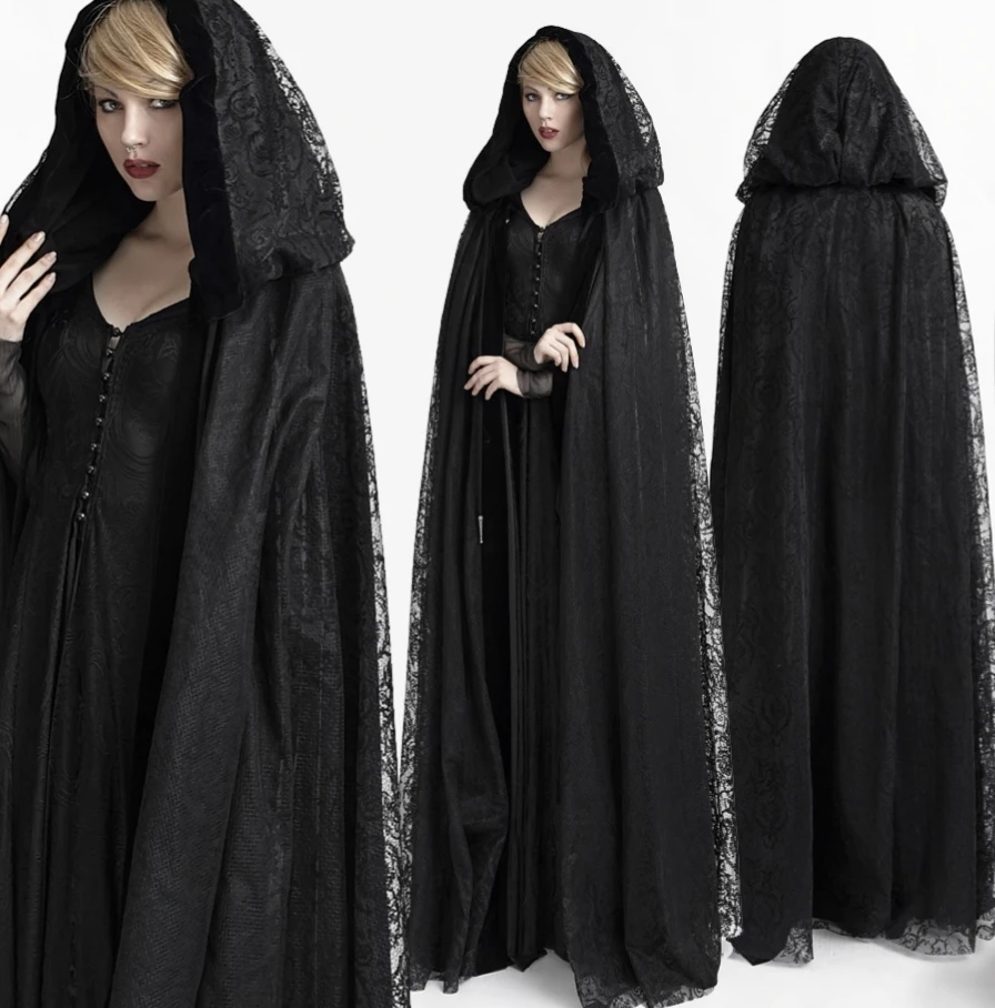 Medieval Gorgeous Gothic Dark Witch Hooded Long Cloak Black Velvet Lace Spliced Cloak Coat Halloween