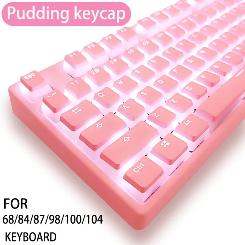 130-key PBT pudding keycaps, OEM profile, customizable RGB, smooth feel, available in black, white, pink, and blue.