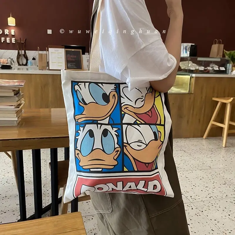 Disney Cartoon Canvas Tote Bags for Girls Anime Donald Duck Stitch Handbags Large Capacity Storage Pouch Cute Shoulder Bag Gifts