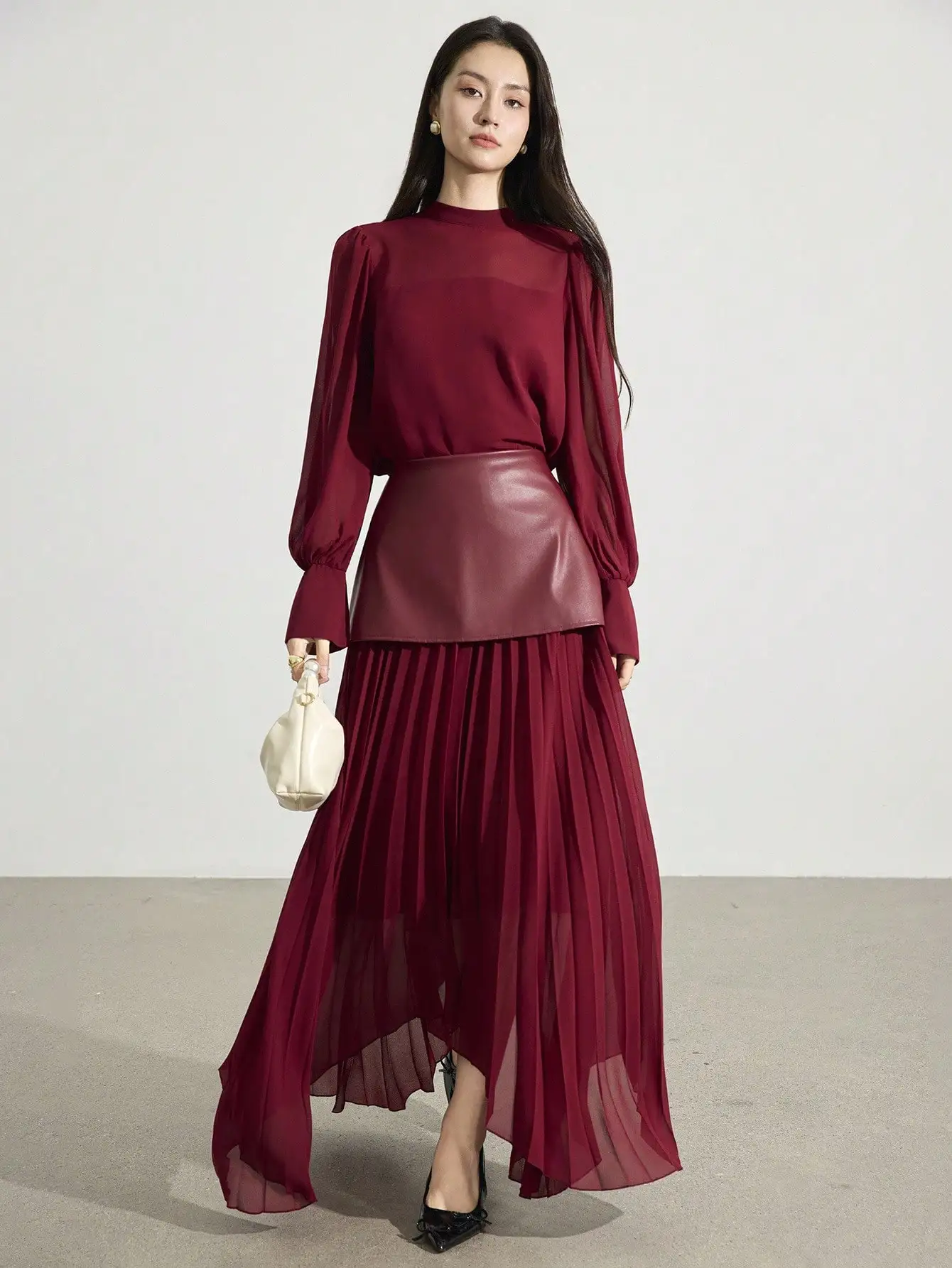 2-delig dames elegante chiffon top met lange mouwen & geplooide rok set, herfststijl