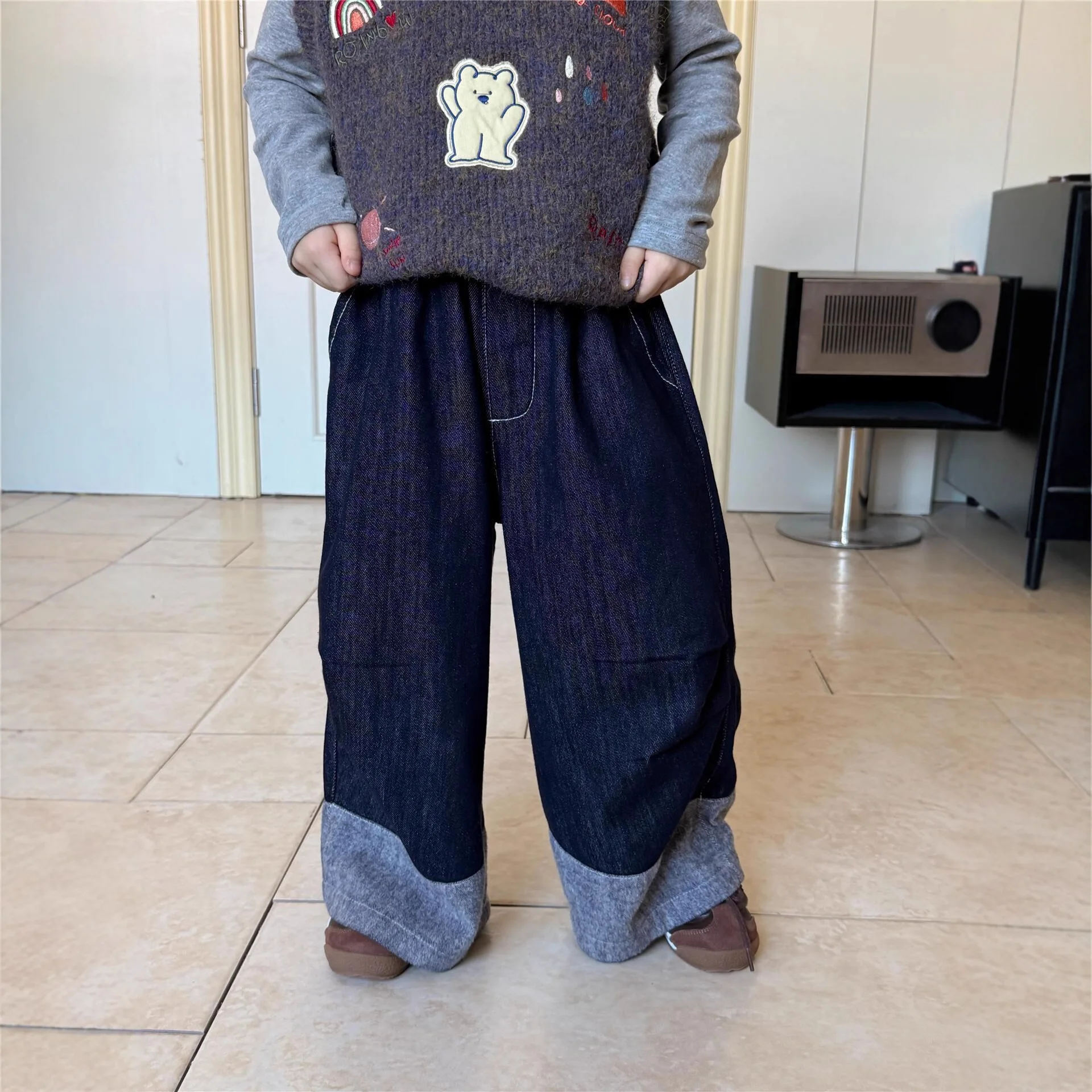 Girls Pants 2025 Autumn New Korean Style Trendy Denim Rolled Edge Color Blocked Pants for Daily Versatile and Casual Wear