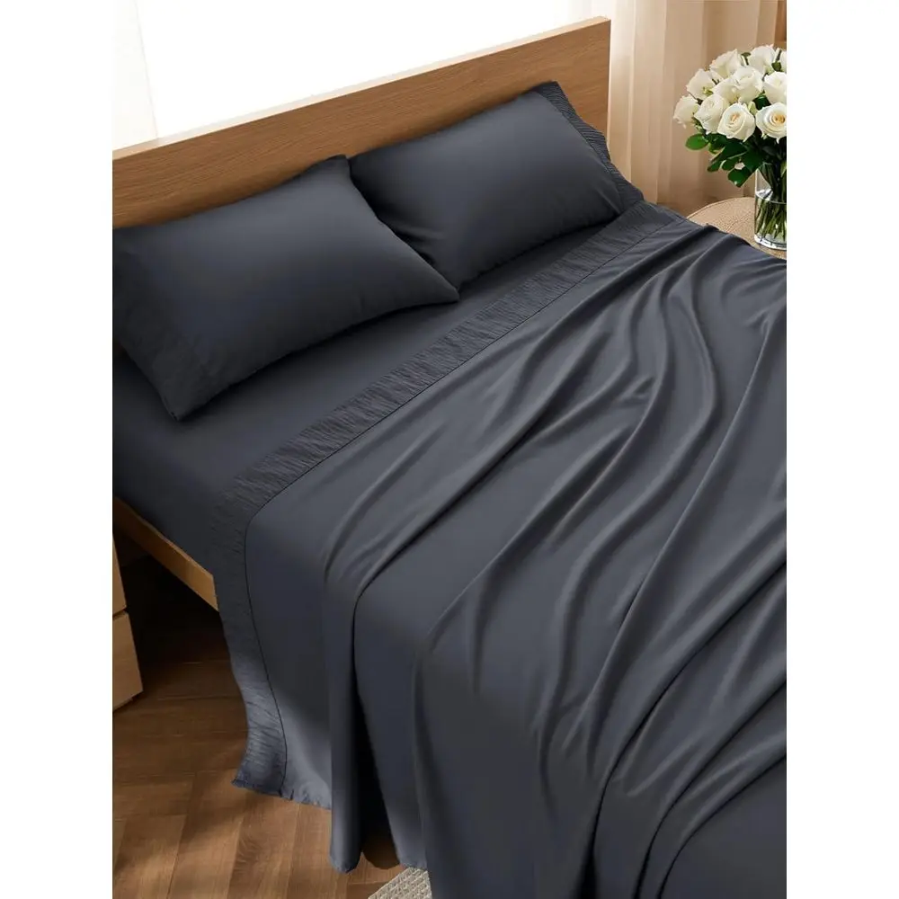 4-Piece Breathable Cooling Queen Sheet Set - Hotel Luxury Polyester Microfiber Bedding for All Ages - Grey