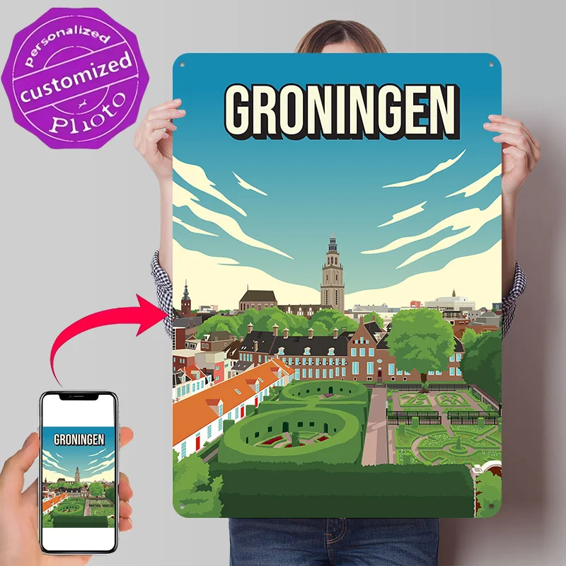 Groningen Skyline Cityscape Travel Art Personalized 3D Textured Metal Poster Wall Art Vintage Tin Signs for Decoration Room Home