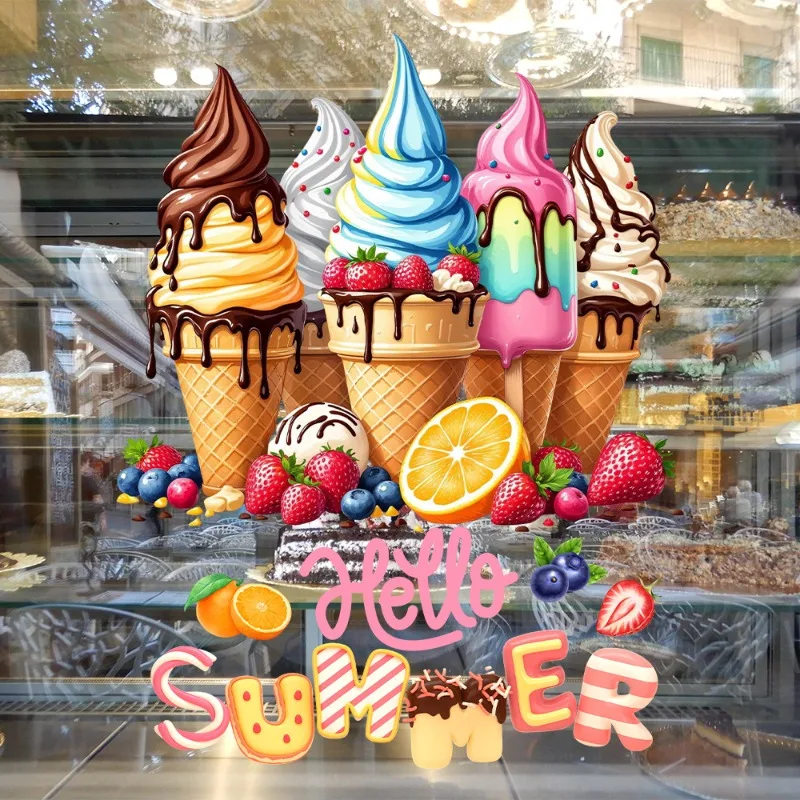 JD4639 Summer Fake Fruit Ice Cream Window Clings Commercial Decoration Static Stickers for Store Shop Cool Felling Posters