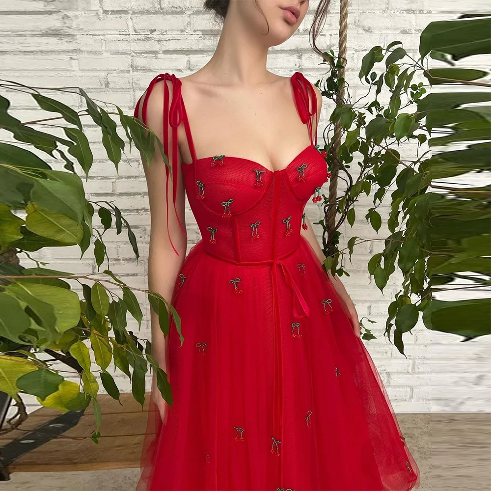 

Sevintage Red Cherry Tulle Prom Dresses Sweetheart Spaghetti Straps Sleeveless A-Line Evening Gowns Celebrity Dress 2023