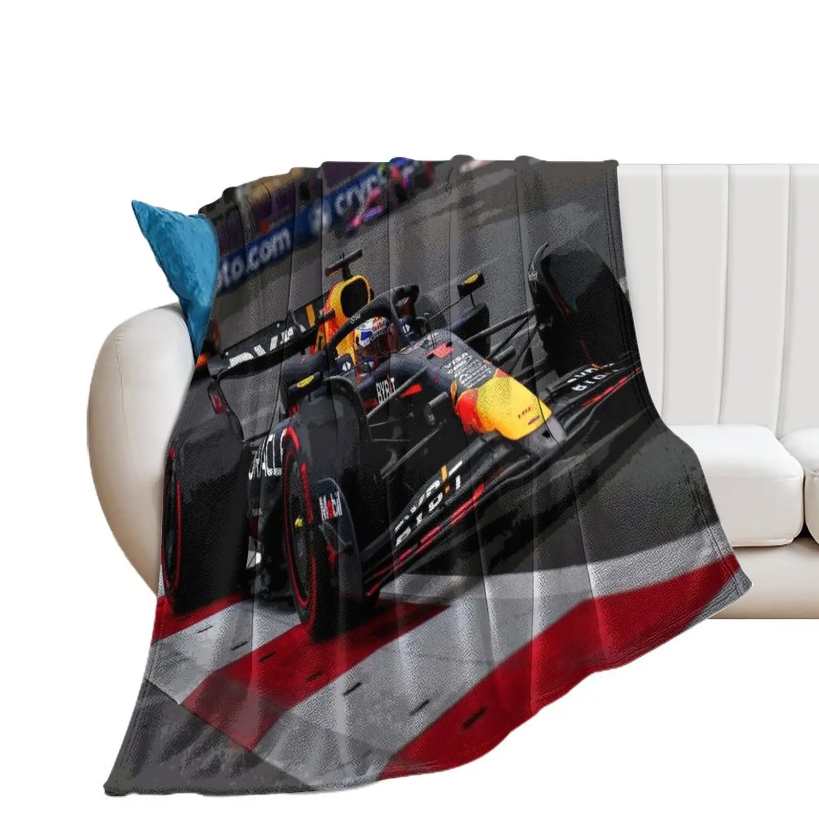 Max Verstappen racing his 2024 F1 car during the Azerbaijan Grand Prix at the streets of Baku watercolor Throw Blanket