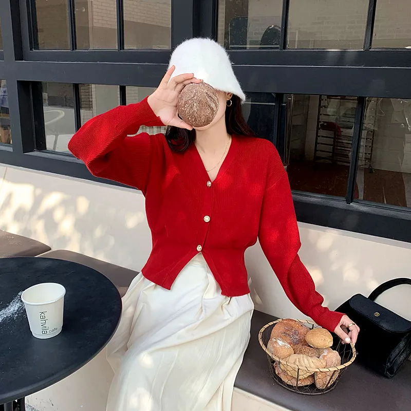 New Year Red Sweater Cardigan Women Knitted Short Coat Vintage Korean Slim Waist Celebration Cardigans Autumn Winter Outerwears