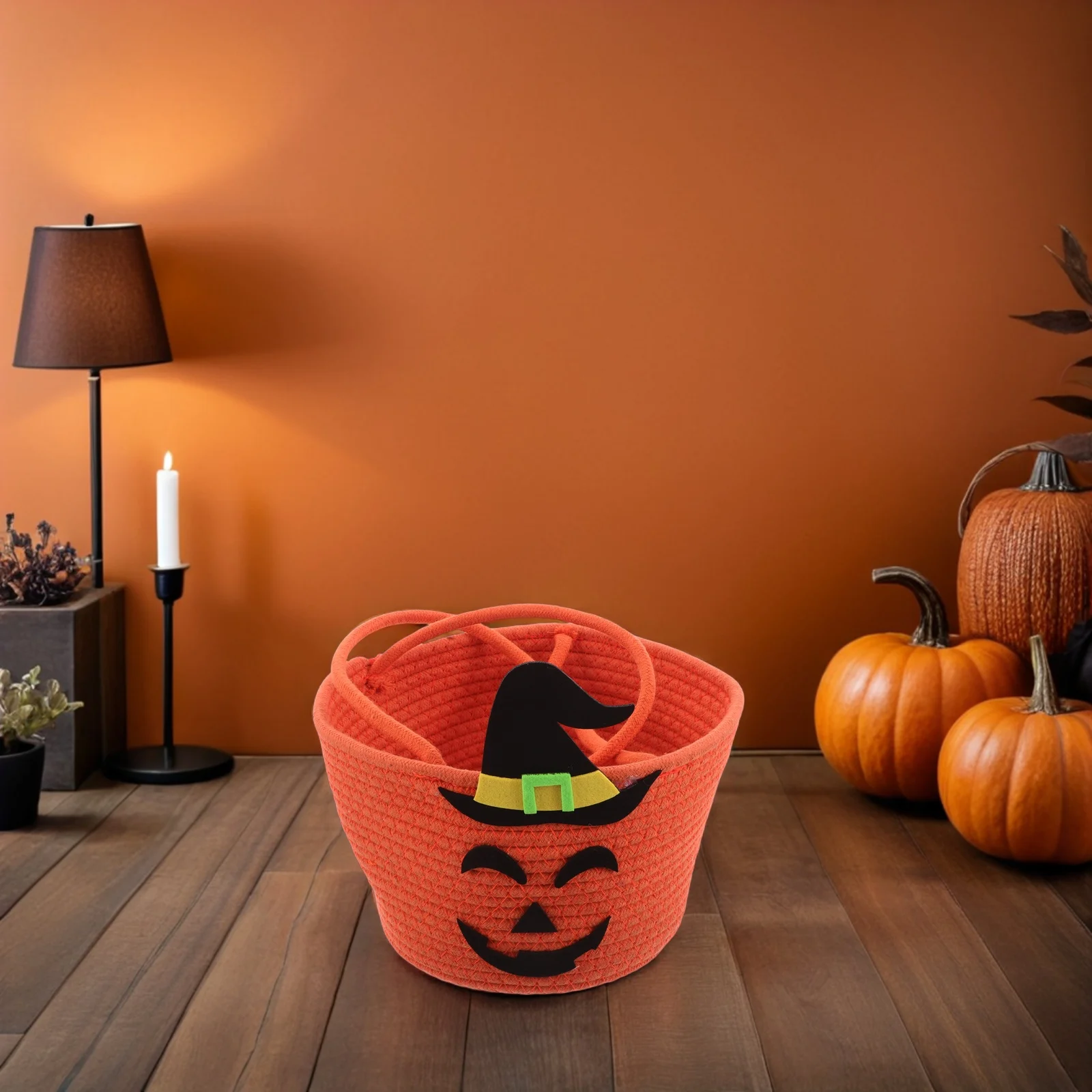 

Halloween Candy Bag Storage Woven Basket Buckets Braided Goodie Bags Cotton Rope with Handle