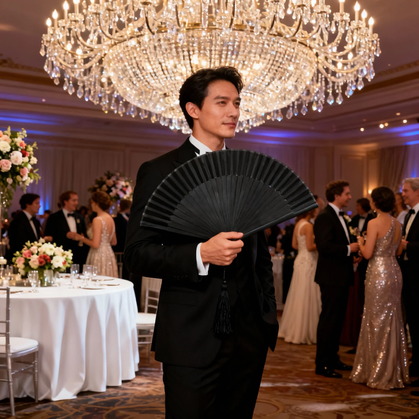 

One Classic Black Handheld Fan Men's Solid Bamboo Folding Fan with Fabric Surface Long-Lasting Use for Daily Cooling Party