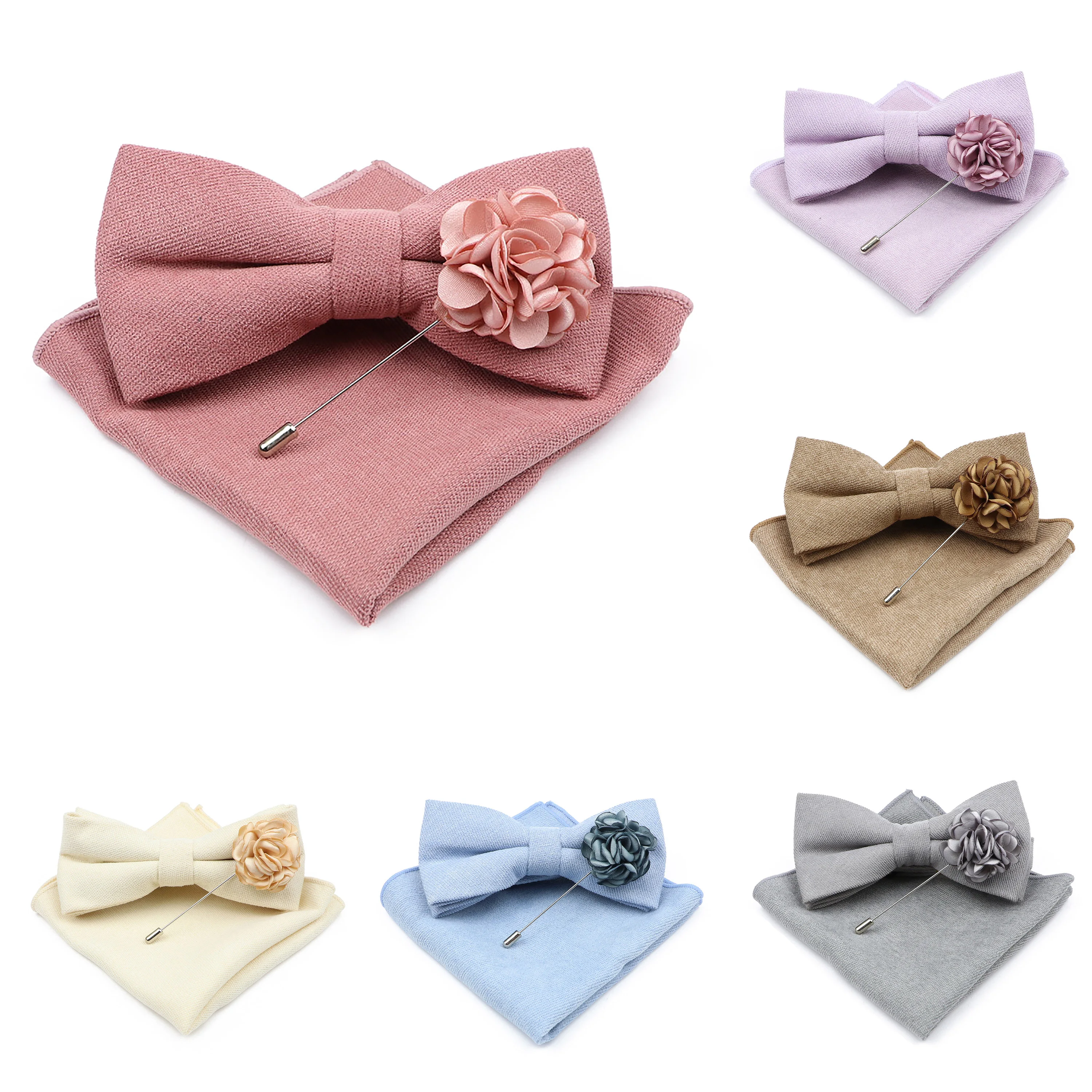 Mens Solid Color Cotton Bowtie Pocket Square Brooch Sets Pink Blue Super Soft Suede Bow Tie Handkerchief For Wedding Party Gift