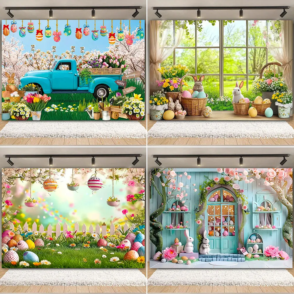 

Happy Easter Backdrop Photography AI Scene Wooden House Flowers Rabbit Bunny Eggs Birthday Party Decor Baby Shower Background