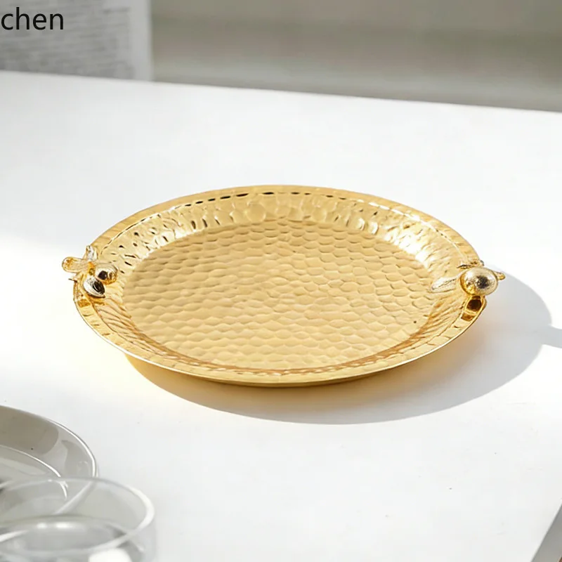 HXL Round Hammered Fruit Plate Ornament Cake Dessert Dish Shallow Plate Decoration