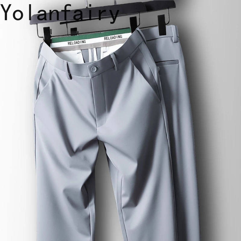 YOLANFAIRY 80% Mulberry Silk Men Trousers Pantalon Homme Summer Casual Pants Men's Clothing Straight Pants Pantalonese De Hombre