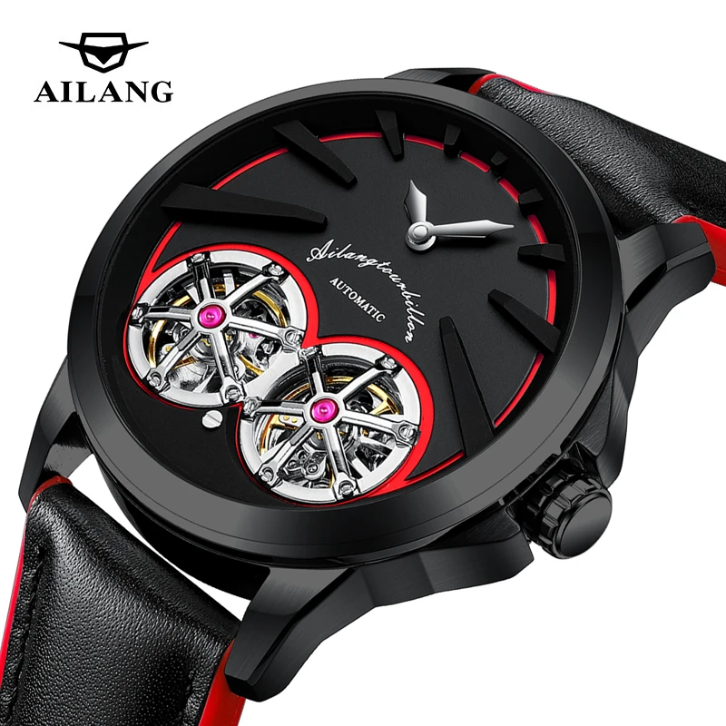 

AILANG брендовые роскошные механические часы с двойным турбийоном для мужчин, модный кожаный ремешок, водонепроницаемые высококачественные мужские автоматические часы